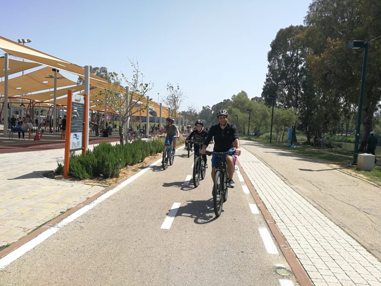 רוכבי אופניים על שביל סלול בפארק