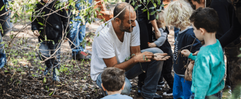 מדריך מראה לילד צעיר ענף בכף ידו