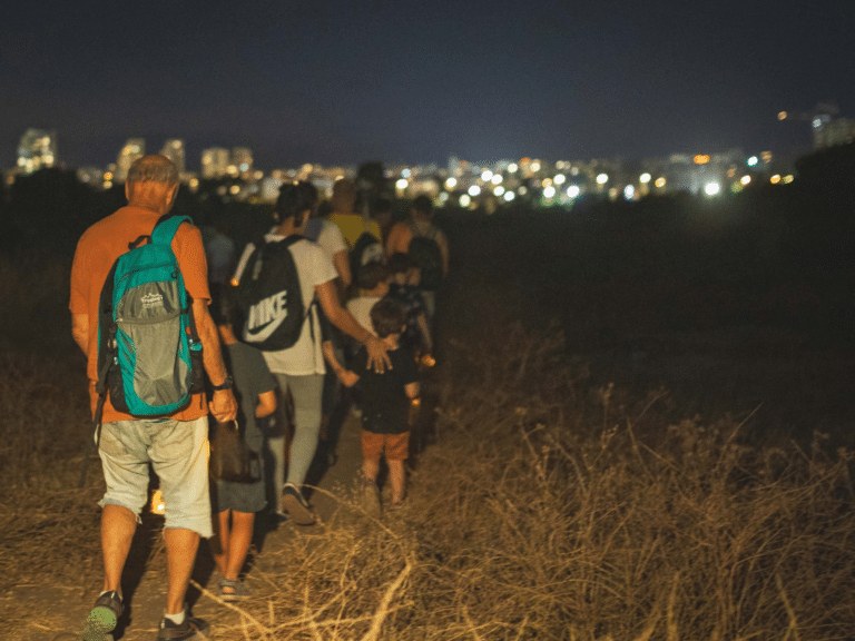 קבוצת הורים ווילדים הולכים בחשיכה בטבע