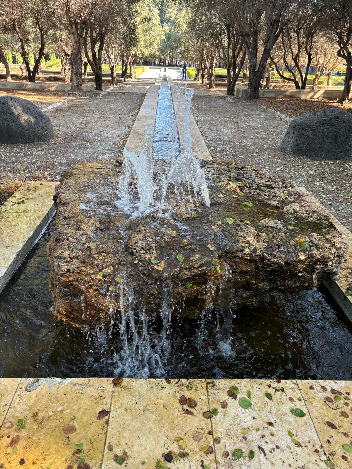 סלע ומזרקת מים בלב הגן