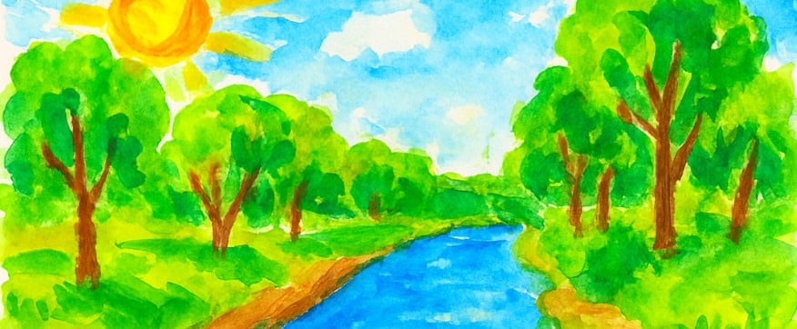 ציור שנעשה בAI של נחל הירקון ומשני צידיו עצים וצמחייה