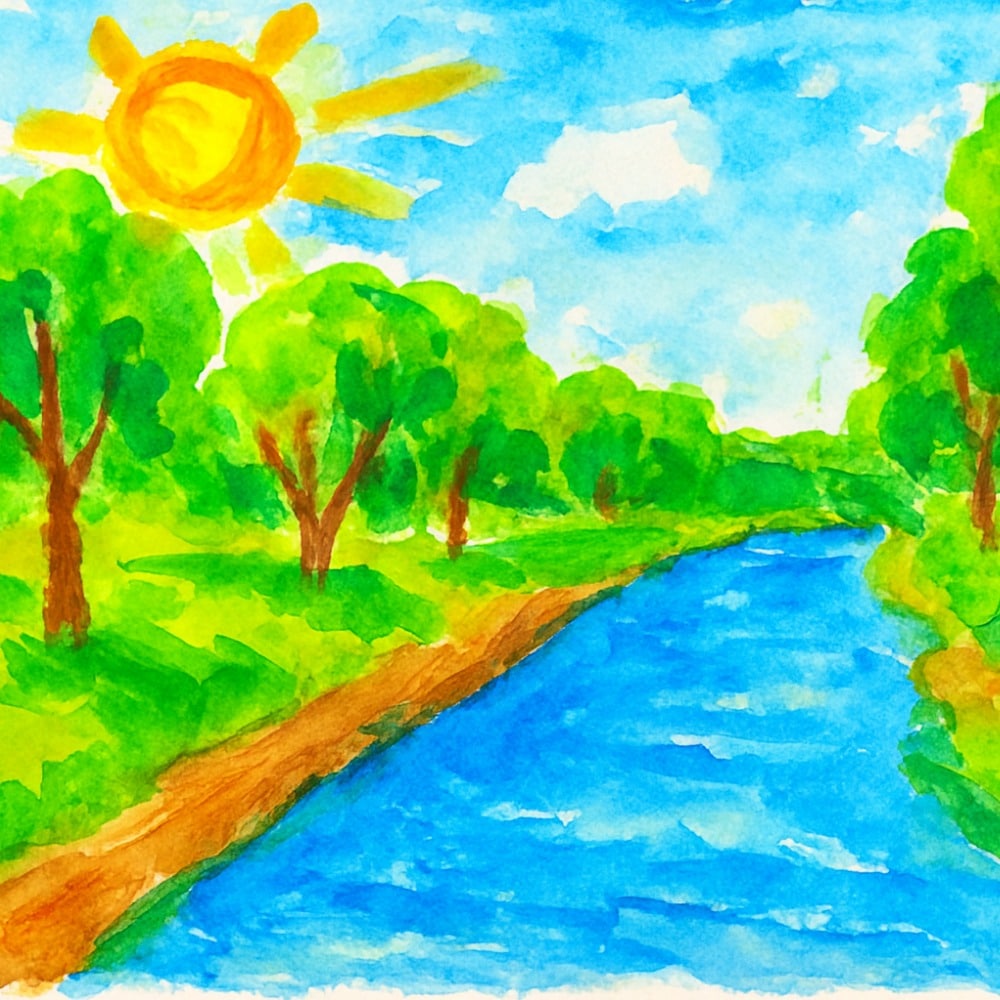 ציור שנעשה בAI של נחל הירקון ומשני צידיו עצים וצמחייה