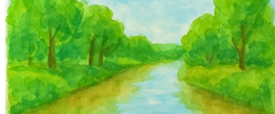 ציור שנעשה בAI של נחל הירקון ומשני צידיו עצים וצמחייה