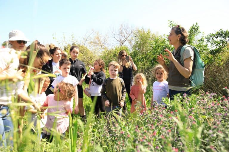 מדריכה בשדה מסבירה לקבומת הורים וילדים