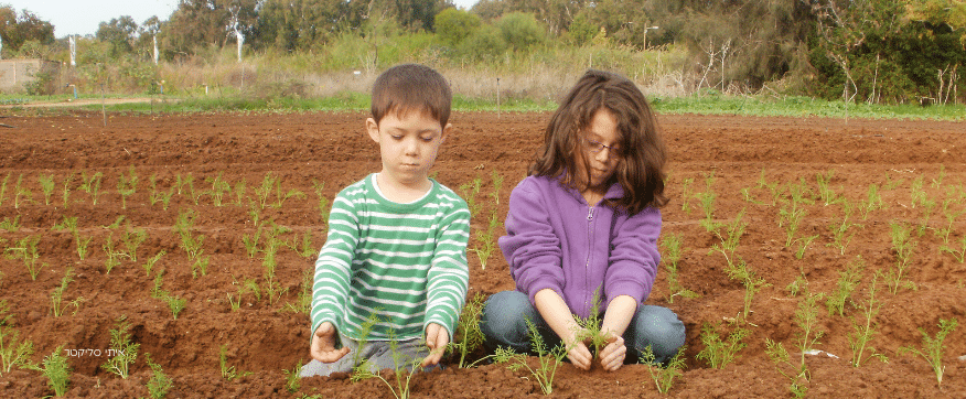 ילד וילדה יושבים בשדה ושותלים