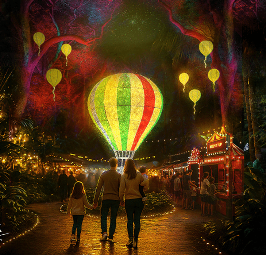 פסטיבל lumagica פסטיבל אורות בחנוכה על רקע כהה עם כדורים פורחים מוארים עומדת משפחה ומביטה