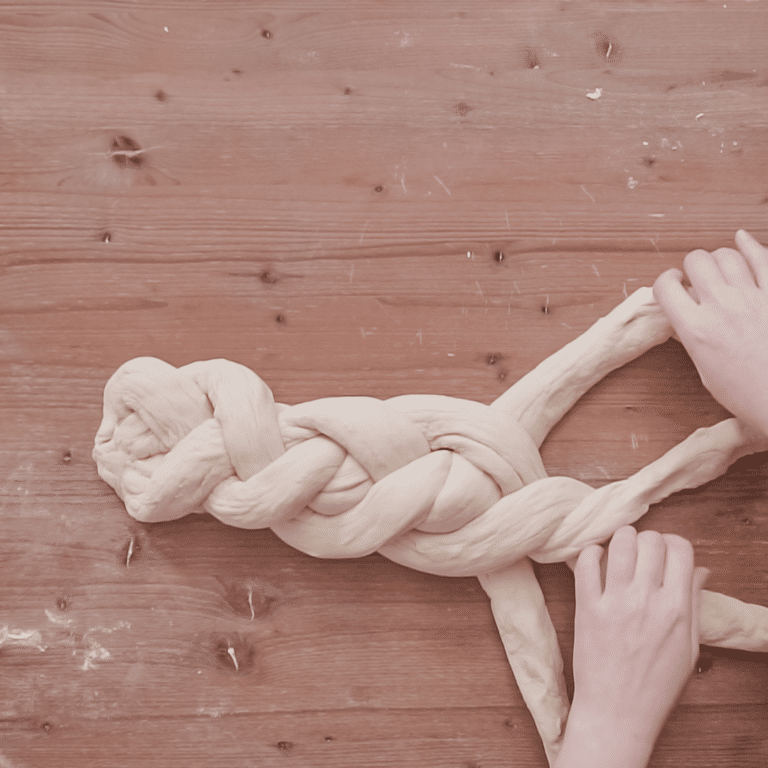 ידיים קולעות חלה על שולחן עץ