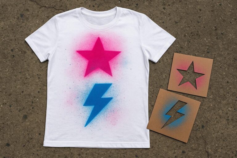 חולצה לבנה עם איור שבלונה של כוכב ורוד וברק כחול