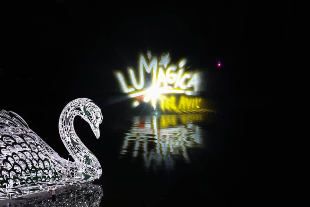 פסל ברבור מואר על רקע שלט התערוכה לומג'יקה