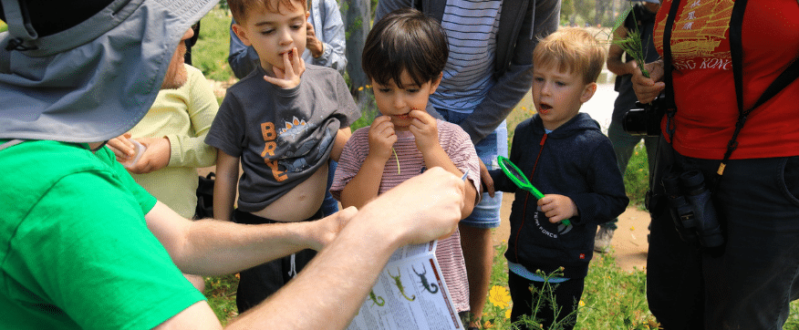 בין סתיו לחורף לקטנטנים - שלושה ילדים מביטים במגדיר שבידי המדריך