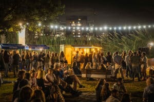 אנשים באירוע, עומדים על דשא ליד דוכן יין ושרשראות אורות מלמעלה