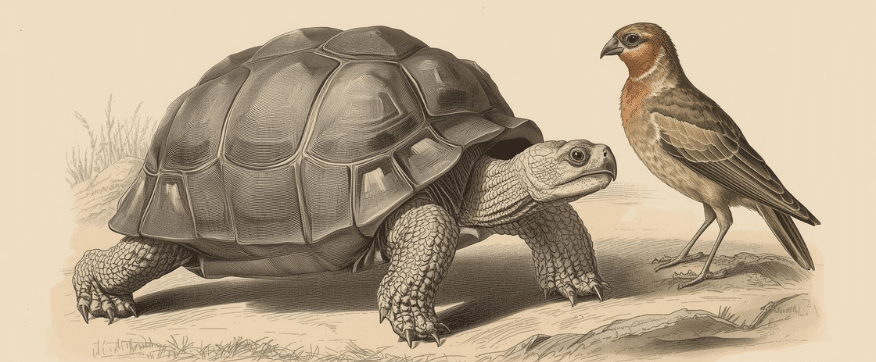 חוגגים יום הולדת לדארווין. ציור AI של צב גלפגוס ואיזו ציפור